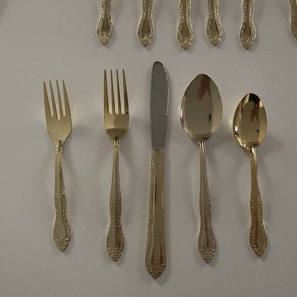 Gold Tone Flatware Stainless Red Wood Box China 45 pc Service for 8 Lightweight - Picture 5 of 16